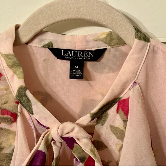 Lauren Ralph Lauren Pink Ruffle Tie Neck Blouse M Floral Chiffon Top - Picture 3 of 7